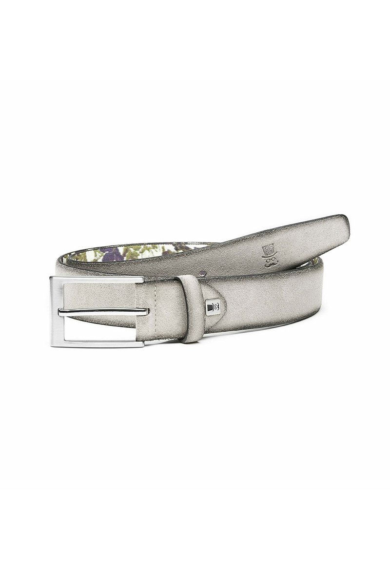 Grau Wildledergürtel mit glatter Oberfläche, rechteckiger silberner Metallschnalle und einem gemusterten floralen Innenfutter. Mit gestickten Details akzentuiert.