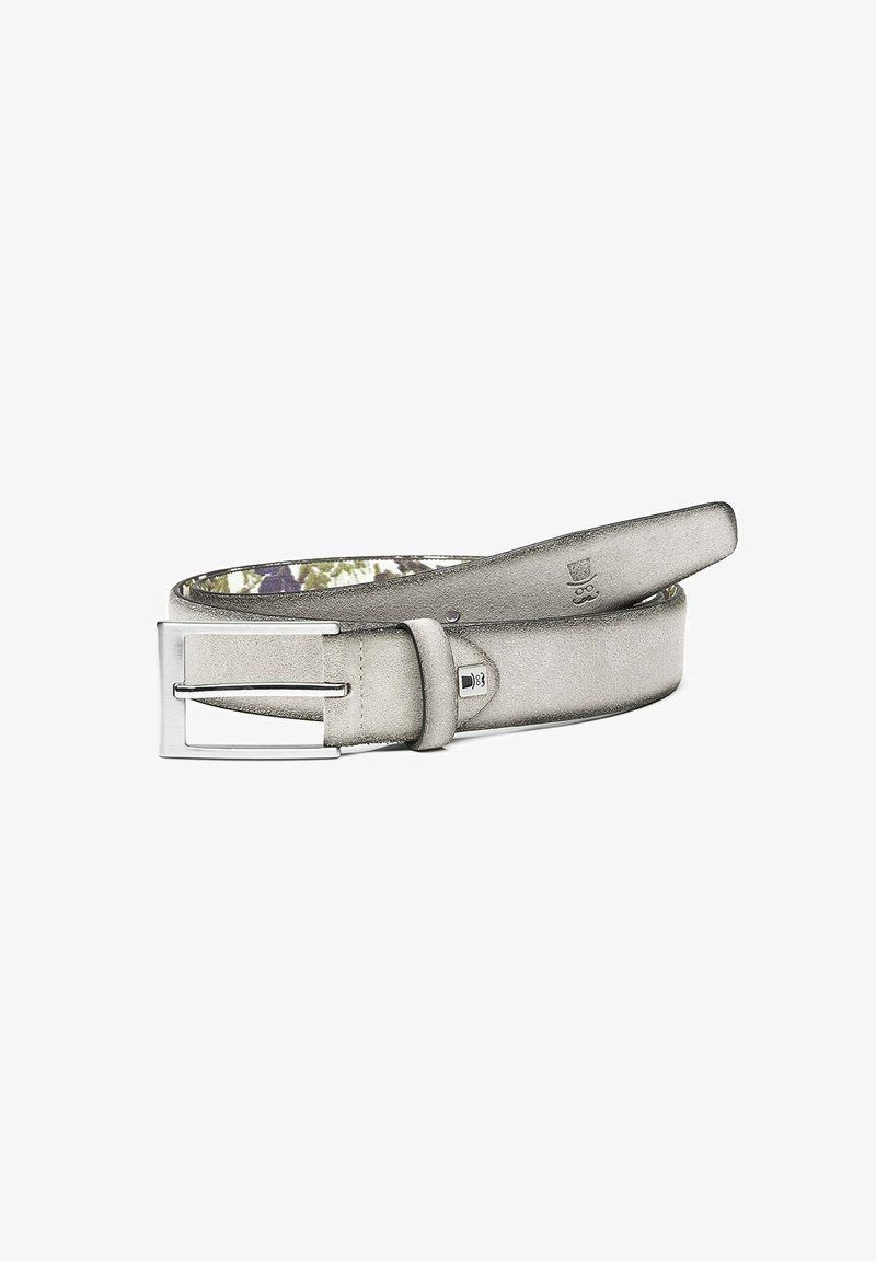 Grau Wildledergürtel mit glatter Oberfläche, rechteckiger silberner Metallschnalle und einem gemusterten floralen Innenfutter. Mit gestickten Details akzentuiert.