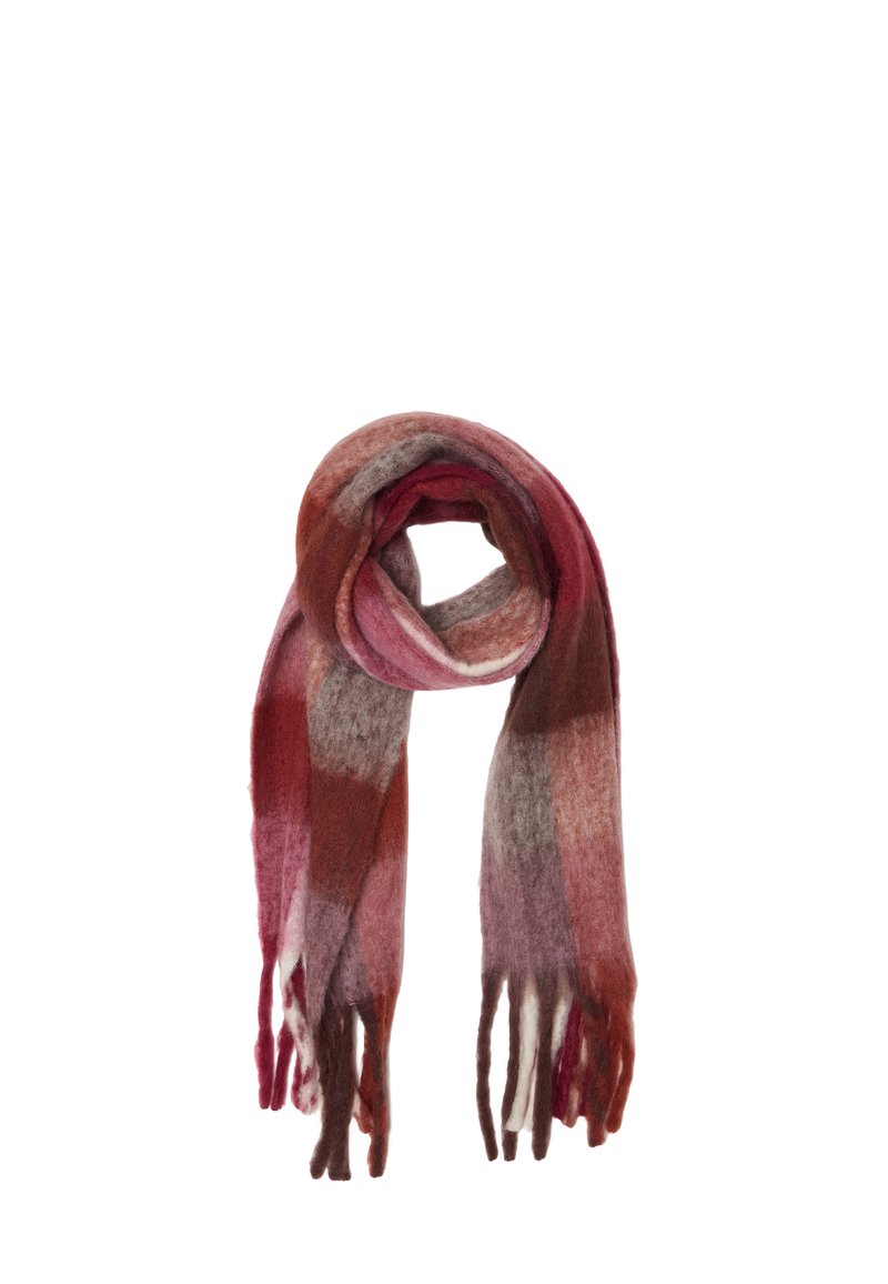 Sciarpa in misto lana caratterizzata da un motivo a quadri in tonalità bordeaux, rosa e grigio. Rifinita con bordi frangiati per aggiungere texture.
