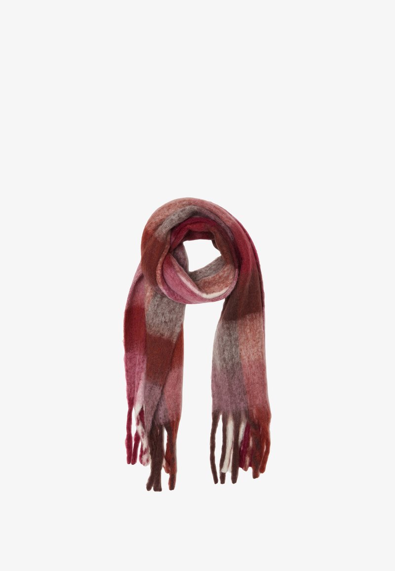 Sciarpa in misto lana caratterizzata da un motivo a quadri in tonalità bordeaux, rosa e grigio. Rifinita con bordi frangiati per aggiungere texture.