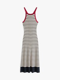 Abito a costine con spalline rosse, caratterizzato da righe orizzontali blu navy e crema e un orlo svasato.