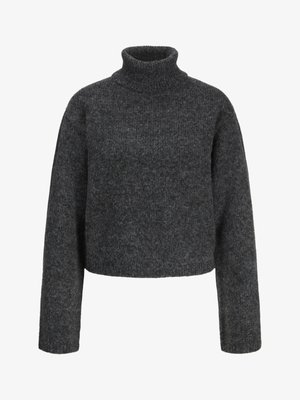 Maglione dolcevita in lana grigia scura, morbido e peloso, con maniche lunghe e vestibilità corta, mostrato su uno sfondo bianco.