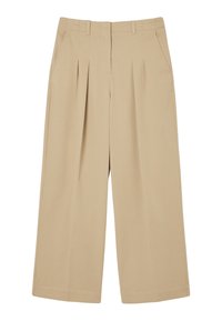Pantaloni beige a gamba larga realizzati in tessuto liscio, con pences frontali, tasche laterali e una vestibilità rilassata.