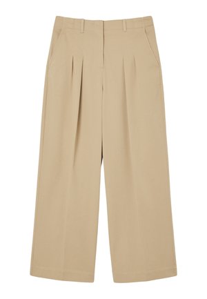 Pantaloni beige a gamba larga realizzati in tessuto liscio, con pences frontali, tasche laterali e una vestibilità rilassata.