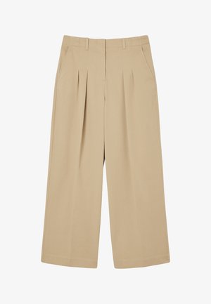 Pantaloni beige a gamba larga realizzati in tessuto liscio, con pences frontali, tasche laterali e una vestibilità rilassata.