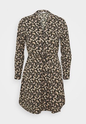 Musta kukkakuvioinen mekko, jossa pitkät hihat, napit ja vyötärön solmimisnauha. Pienet vaaleanpunaiset ja kermaiset kukat tummalla taustalla. Sileä pinta.