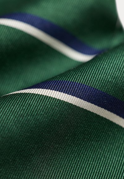 Gros plan sur un tissu vert avec un tissage texturé présentant des rayures diagonales bleu foncé et blanches.