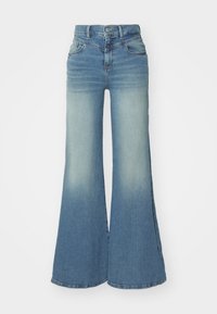 Light blue denim flared jeans featuring a high waist, subtle fading, and two front pockets with a classic zip and button closure.