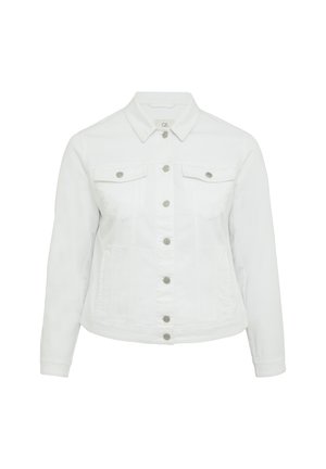 Witte denimjas met een kraag, knoopsluiting, twee borstzakken en een iets getailleerde pasvorm. Gladde textuur met zilveren hardware-accenten.