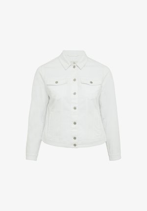 Veste en denim blanche avec un col, fermeture à boutons, deux poches poitrine et une silhouette légèrement ajustée. Texture lisse avec des accents en métal argenté.