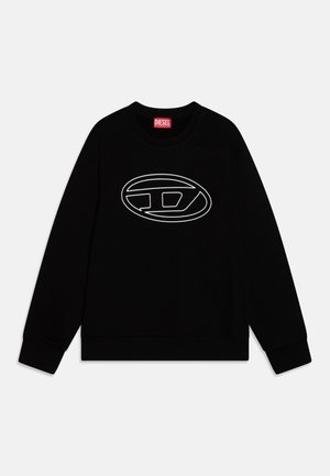 Sweatshirt nero in cotone con scollatura rotonda, polsini a coste e un design del logo ovale bianco sul davanti. Stile semplice e minimalista.
