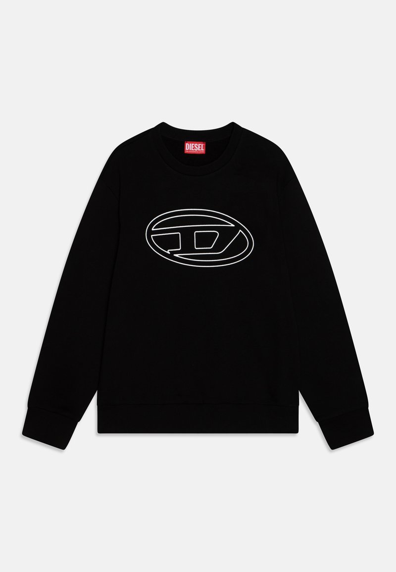 Sweatshirt nero in cotone con scollatura rotonda, polsini a coste e un design del logo ovale bianco sul davanti. Stile semplice e minimalista.