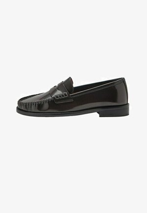 Black glossy leather men's slip-on loafer with stitched moc toe and low stacked heel, shown in side profile on white background.