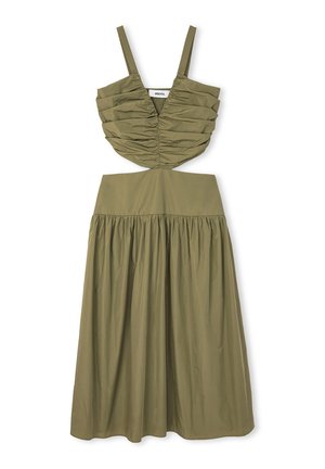 Olivově zelené šaty s přiléhavým, řaseným živůtkem se šlemi a volnou, nařasenou sukní, vyrobené z lehké látky.