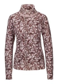 Langärmliger Rollkragenpullover in hellrosa mit aufwendigem bordeauxrotem Paisleymuster. Weiches Strickmaterial mit gerippten Bündchen und Saumdetails.