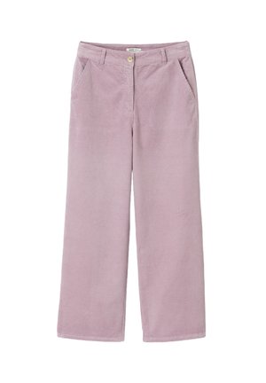 Pantalons larges en velours côtelé rose clair avec une fermeture à bouton, deux poches latérales et une texture à côtes verticales.