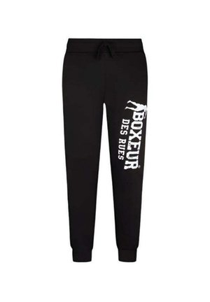 Pantaloni della tuta neri con logo e testo bianco sulla gamba sinistra. Presentano una vita elastica con cordino per la regolazione.