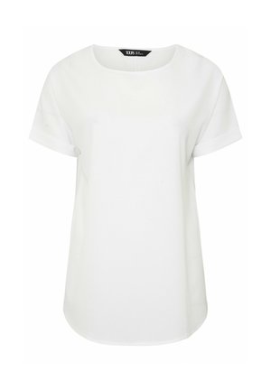 Blusa bianca a maniche corte con scollo tondo e leggere aperture laterali, mostrata su uno sfondo bianco semplice.