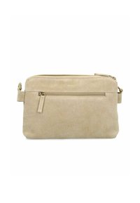 Borsa a tracolla in suede beige con zip nella parte superiore, tasca frontale con zip e dettagli in metallo dorato. Texture liscia con forma rettangolare.