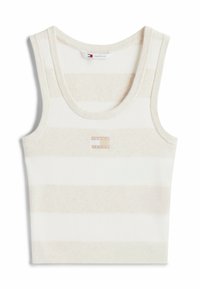 Camiseta sin mangas a rayas en crema y beige claro, confeccionada con una tela suave. Presenta un escote redondeado y un pequeño logo de la marca en el pecho.