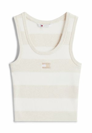 Gestreifter Tank-Top in Creme und Hellbeige, hergestellt aus weichem Stoff. Besitzt einen runden Ausschnitt und ein kleines Logo auf der Brust.