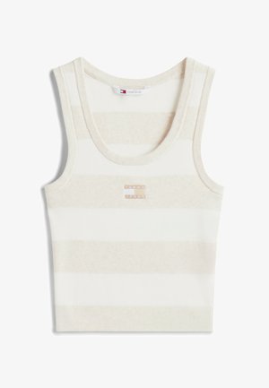 Striped tank top in cream and light beige, made from soft fabric. Features a rounded neckline and a small branded logo on the chest.