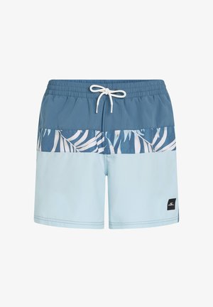 Herren-Badeshorts mit einem blauen oberen Bereich, einem weißen Palmenblattmuster und einem hellblauen unteren Teil, ausgestattet mit elastischem Bund und Kordelzug.