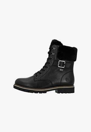 Czarne skórzane botki za kostkę z futrzanym mankietem, sznurowanym zapięciem, bocznym zapięciem na klamrę, teksturowanym wykończeniem i solidną podeszwą zapewniającą przyczepność.