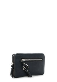 Zwart leren portemonnee met zilveren rits, voorkant ritssluiting vak en een leren trekker met een ronde metalen sleutelring detail.