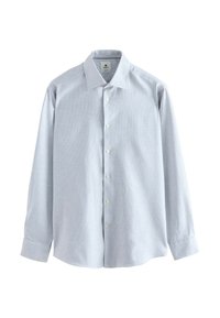 Light blue button-up shirt made of textured fabric, featuring a classic collar, long sleeves, and white buttons down the front.