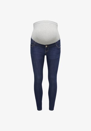 Tumedat sinist värvi emade teksad, millel on veniv hall kangaspaneel üle kõhu, mis on loodud pakkuma mugavust ja tuge raseduse ajal.