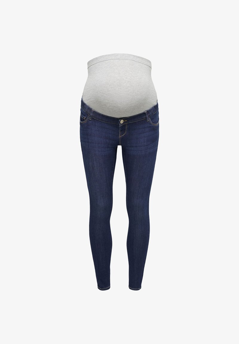 Tummansiniset äitiyden farkut, joissa joustava harmaa kangaspaneeli vatsan päällä, suunniteltu tarjoamaan mukavuutta ja tukea raskauden aikana.