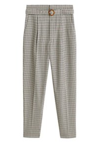 Geruite broek in grijs met oranje en marineblauwe accenten, met een hoge taille, plooien en een ronde houten knoop in de taille.