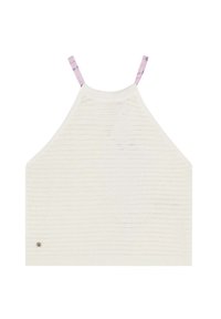 White knitted halter top featuring a textured pattern and pale purple tie-dye straps. Notable front logo detail at the hem.