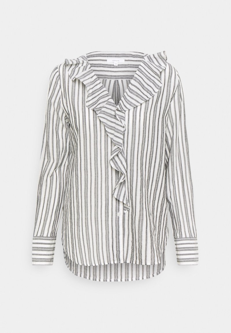 Blouse blanche à manches longues avec des rayures grises verticales, col en V à volants, fermeture boutonnée sur le devant et ourlet légèrement incurvé.