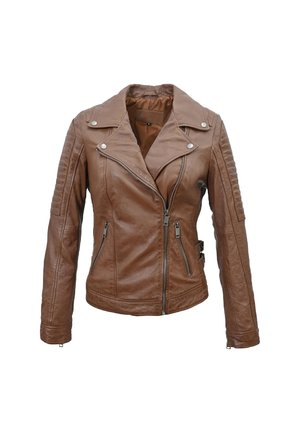 Braune Leder-Motorradjacke mit tailliertem Design, asymmetrischem Reißverschluss, gesteppten Schultereinsätzen und zwei seitlichen Reißverschlusstaschen.