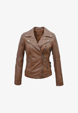 Braune Leder-Motorradjacke mit tailliertem Design, asymmetrischem Reißverschluss, gesteppten Schultereinsätzen und zwei seitlichen Reißverschlusstaschen.