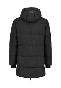 Schwarze Daunenjacke mit Kapuze, mit gesteppten Abschnitten, elastischen Bündchen und einem Logo auf der Rückseite. Glatte Textur und mittellang geschnitten.
