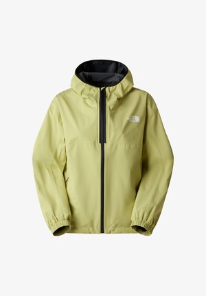 Veste vert clair avec intérieur noir, fermeture éclair à l'avant et poignets élastiques. Comprend une capuche et un petit logo blanc sur la poitrine.