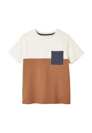 Short-sleeve colorblock t-shirt with cream upper half, brown lower half, and dark blue chest pocket on the left side.
