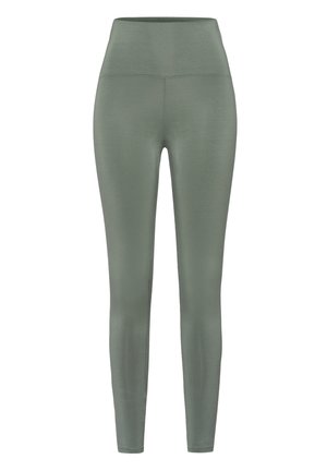 Leggings mit hoher Taille und voller Länge in gedämpftem Olivgrün mit nahtlosem Design und glatter Textur, abgebildet vor einfarbigem weißem Hintergrund.