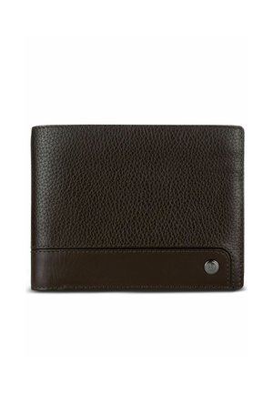 Dark brown textured leather wallet with smooth leather strip and a small round metal logo on the bottom right corner.