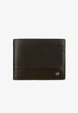 Dunkelbraune, strukturierte Leder-Geldbörse mit glattem Lederstreifen und kleinem rundem Metall-Logo in der unteren rechten Ecke.