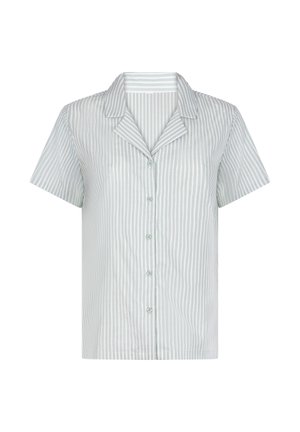 Korte mouwen overhemd met knopen in lichtgroene en witte verticale strepen, voorzien van een ingesneden kraag en een ontspannen pasvorm, met een gladde textuur.