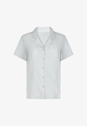 Korte mouwen overhemd met knopen in lichtgroene en witte verticale strepen, voorzien van een ingesneden kraag en een ontspannen pasvorm, met een gladde textuur.