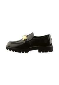 Svarta lackskinn loafers med rund tå, med ett accent av guldfärgad h�årdvara och tjock mönstrad sula. Slät, glänsande yta.