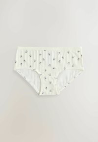 Baltas ribotas biksītes ar mazu melnu sirsniņu rakstu, ar gludu jostasvietu un mīkstu tekstūru, veidotas ērtībai un ikdienas valkāšanai.