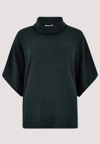 Pull en maille côtelée vert foncé, avec un col montant et des manches courtes et larges. Le tissu semble doux et texturé.
