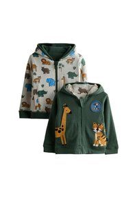 To børnehoodies: den ene har dyreprint i dæmpede farver på en lys baggrund, mens den anden er grøn med applikationer af en giraff og en tiger.