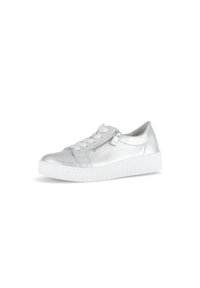 Silver metallic sneakers with a smooth leather finish. Features include white rubber sole, lace-up front, and a side zipper detail.